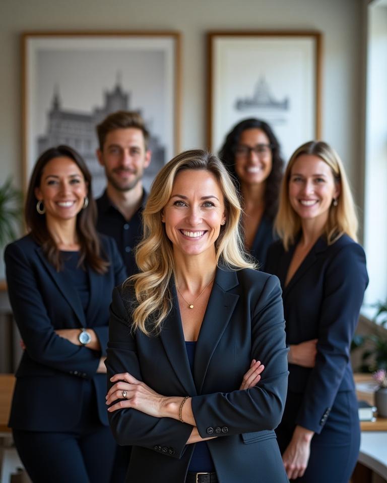 L'équipe de conseillers de l'agence de voyage souriant dans leur bureau parisien chic.